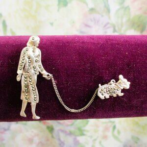 VINTAGE Sterling Marcasite Woman Scottie Dog Chatelaine Double Brooch